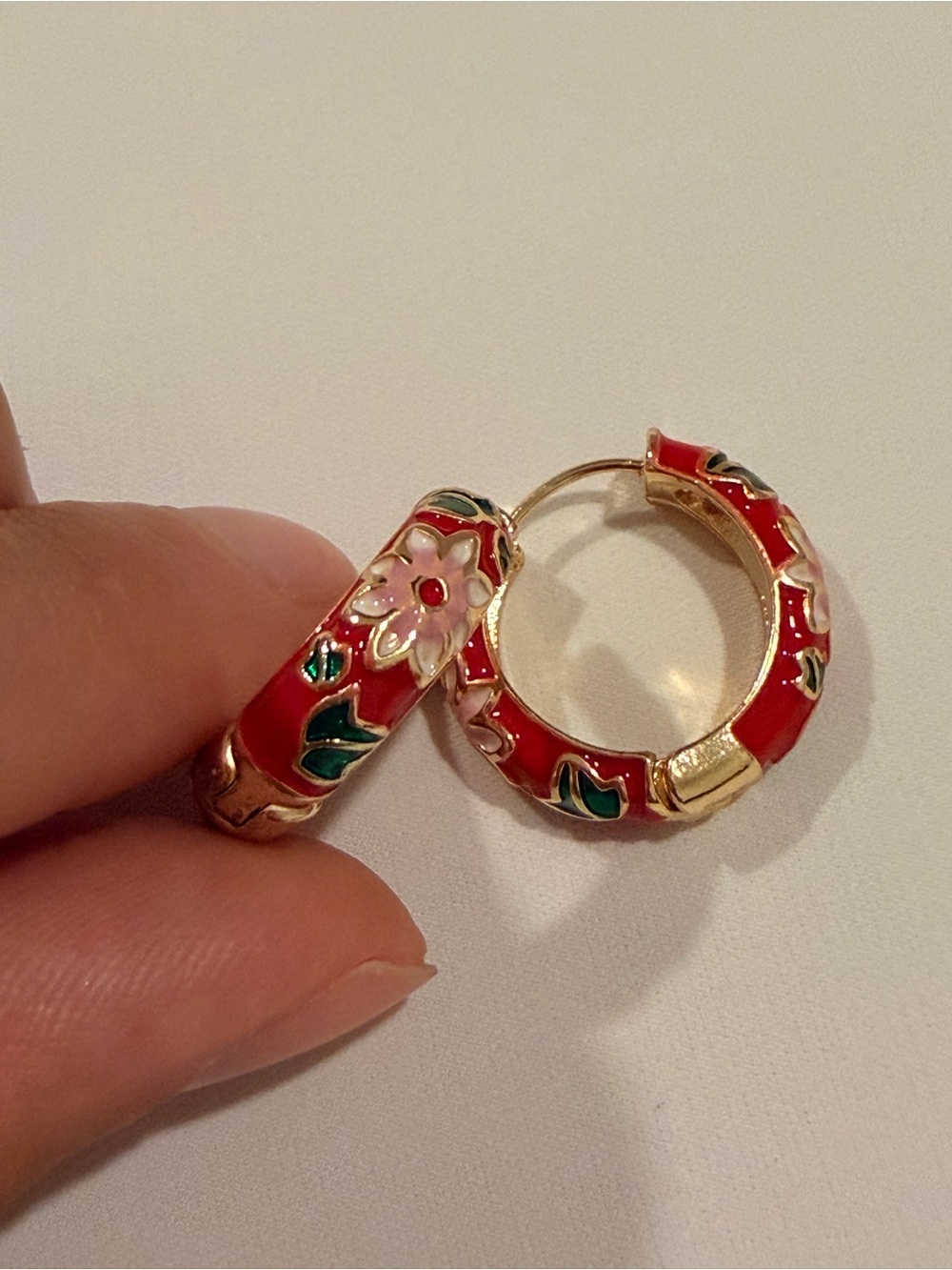 Red Enamel Hoop Earrings with Pink Floral Accents - Picture 5 of 6